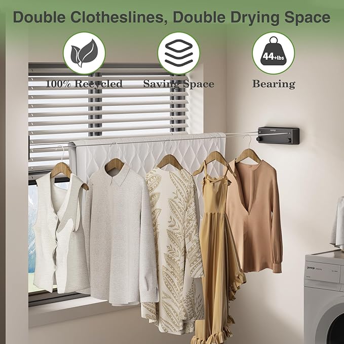 Retractable Clothesline Indoor, Non-Sagging Twin Clothes Line Retracting Outdoor Heavy Duty Clothes Drying Laundry Line Wall Mounted Stainless Steel Double Line-13.8 ft(Black)