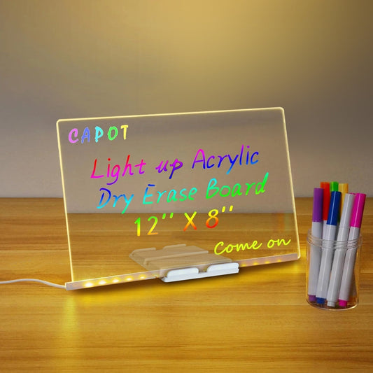 LED Light-Up Writing Board with Markers – Colorful DIY Acrylic Writing Pad with Stand & Erasable Pens for Kids